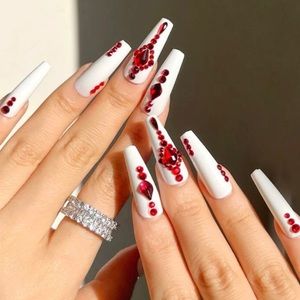 White Long Nails with Red Crystals Design Press On Nails
